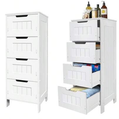 Vandise White 4 Drawer Floor Standing Cabinet Unit - Tall Narrow Storage Organizer | PVC Waterproof Bathroom Bedroom Kitchen Hallway Cabinet | Modern Freestanding Storage Cabinet W/ Drawers | Space Saving | H32 X W11.8 X D11.8 Inches