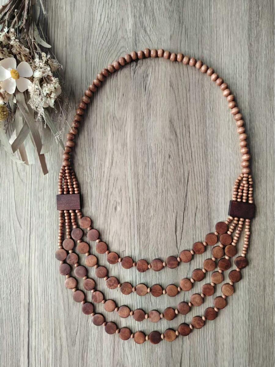 Dây chuyền đĩa nhiều lớp hạt gỗ phong cách Bohemian dành cho nữ, màu nâu trung bình - Nâu trung bình - Xem 1