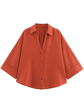 Women's Turndown Collar Long Sleeve Shirt, Fashion Yellow Unique Single-Breasted Loose Casual Blouse