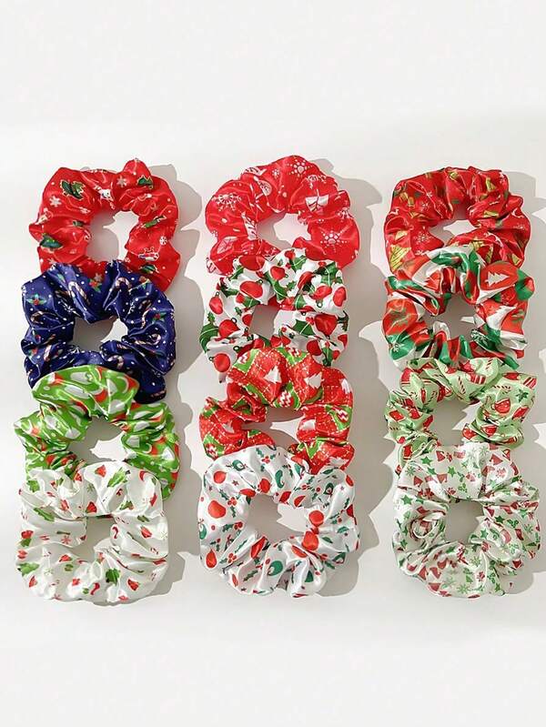 12pcs Women's Christmas Elastic Hair Scrunchies, Casual Daily Ponytail & Bun Hairstyle Accessories, Hair Ties, Scrunchy Hair Ties, Sport ,Halloween Costumes Holiday Essential