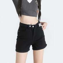 2025 nuevos pantalones cortos vaqueros femeninos bolsillo negro de doble hebilla casual con todas las comodidades que usan las chicas calientes - Negro - Ver 2