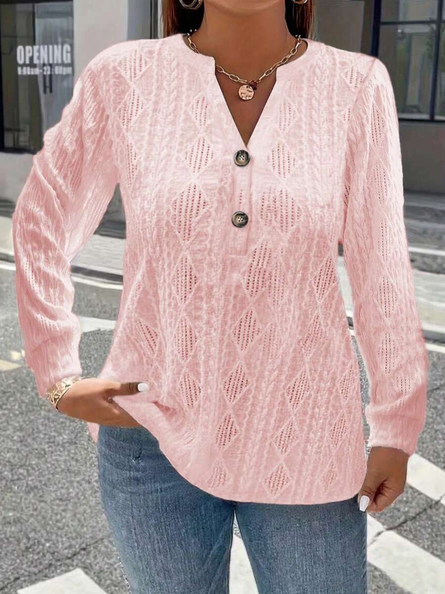 New European & American Cross-Border V-Neck Loose Short Sleeve T-Shirt, Jacquard Solid Color Tops For Women, Spring/Summer - Pink - View 1