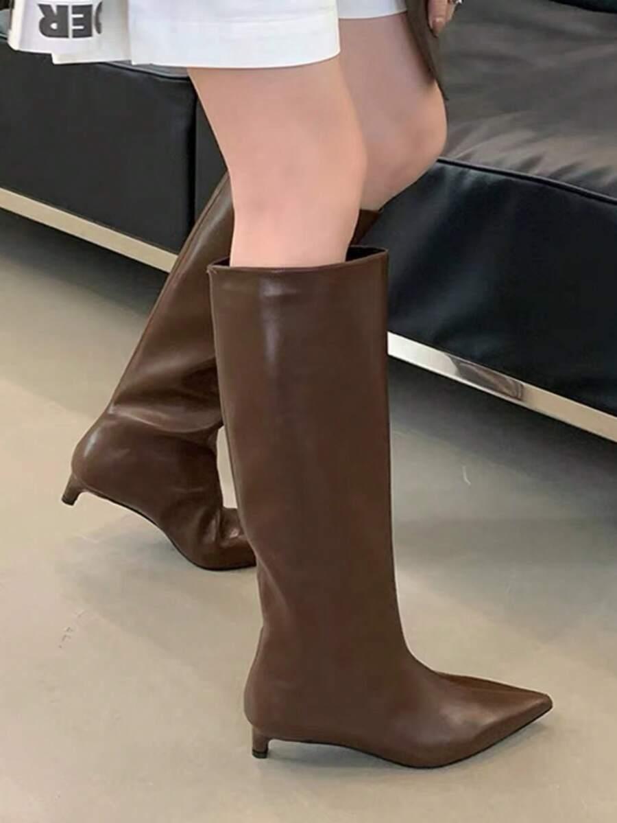 Bốt cao đến đùi mũi nhọn phong cách blogger Pháp mùa thu/đông, bốt cưỡi ngựa gót mèo Nordic Ins dành cho nữ, bốt gót mèo, dự tiệc - màu nâu - Xem 1