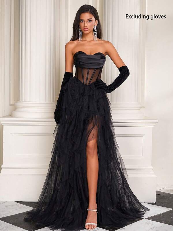 Black Mesh French Fishtail Lightweight Cocktail Dress, Elegant Strapless Princess Gown For Birthday Party, Charming & Sexy