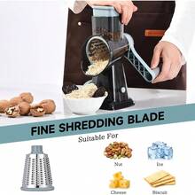 3-In-1 Rotary Food Processor - Manual Cheese Grater & Vegetable Slicer Set With Interchangeable Blades, Professional Grade For Kitchen/Restaurant, Effortless Shredding For Hard Cheese, Nuts, Chocolate Blocks - GreyBlue - View 3