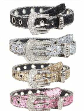 Zestaw luksusowych, modnych i indywidualnych pasków z cekinami i srebrnymi zdobieniami diamentowymi dla kobiet, odpowiednich do jeansów i pasków szkolnych Jesień, Halloween