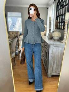 FOR BEAUTY 女士灰色圆领长袖收腰毛衣，新款休闲通勤开衫，时尚优雅简约外套，套头衫，新年必备 - 灰色 - 查看 3