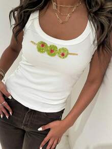 Y2k Graphic Tank Tops Women Cute Ocean Starfish Beaded Embroidered Top Summer Sleeveless Cherry Beach Crop Top - 橄欖綠 - 查看 1