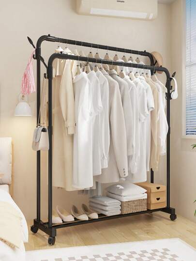Single Rod Clothes Rack, Double Rod Clothes Rack, With Storage Shelf, Hooks And Wheels, Metal Garment Rack For Hanging Clothes And Bags, Multipurpose Wardrobe Organizer, Suitable For Closet Storage, Clothing Storage