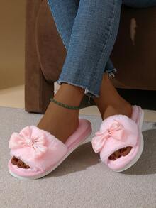 Zapatillas de mujer con lazo y punta abierta, cómodas zapatillas para casa, ligeras, antideslizantes, adecuadas para primavera, otoño y todas las estaciones. - Rosa - Ver 4