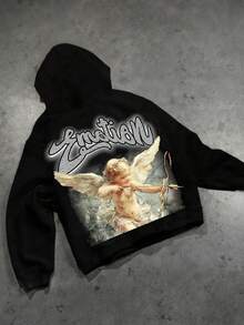 Men Graphic Long Sleeve Cotton Pullover Hoodies, Y2K Streetwear, Grunge Goth Jesus Style, Halloween And Christmas Gift For Couples, - 黑色 - 查看 1