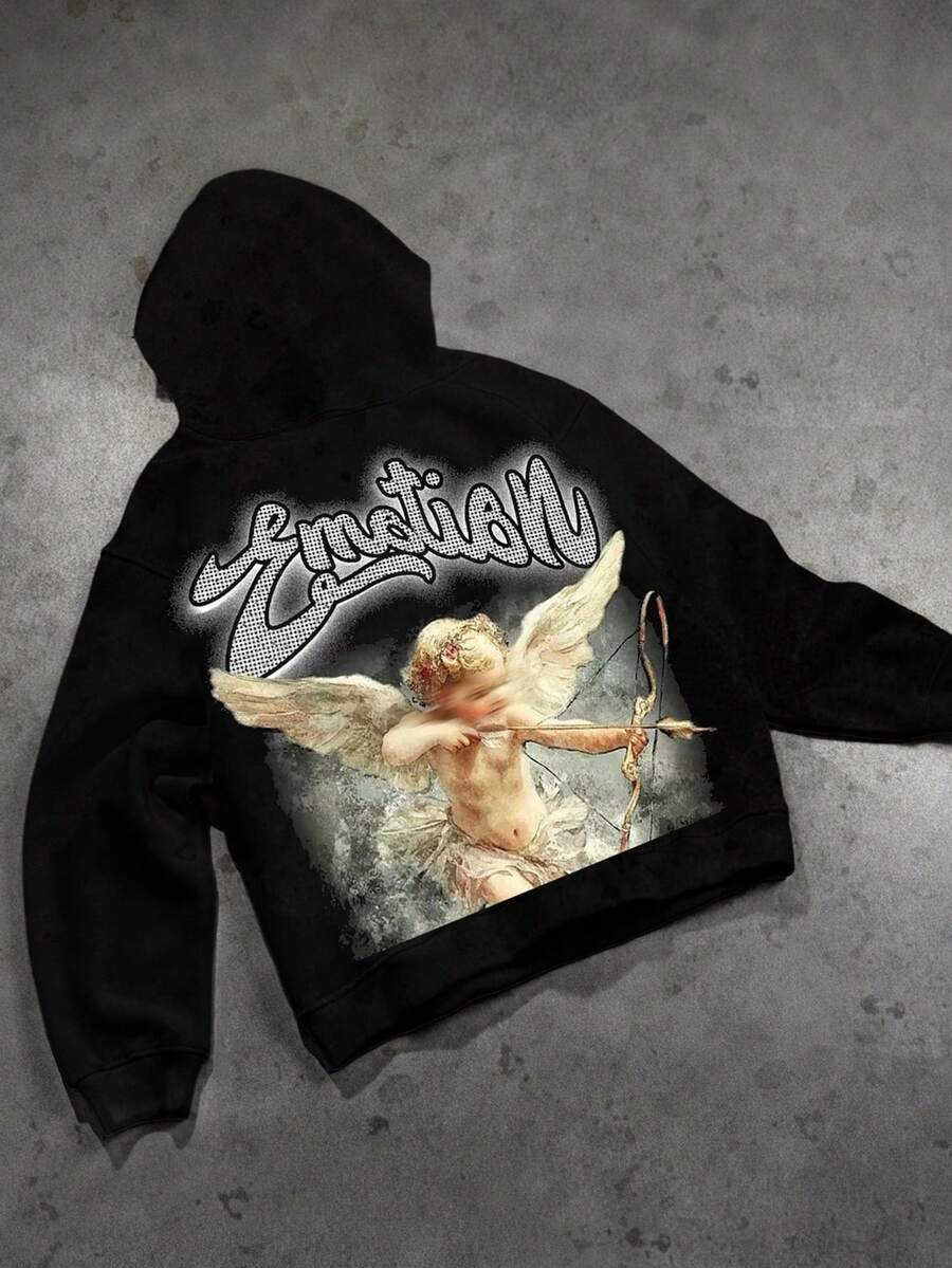Men Graphic Long Sleeve Cotton Pullover Hoodies, Y2K Streetwear, Grunge Goth Jesus Style, Halloween And Christmas Gift For Couples, - 黑色 - 查看 1