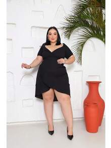 Plus Size Women's Off-The-Shoulder Short Wrap Dress Short Sleeve Mullet Sexy Neckline - 黑色 - 查看 2