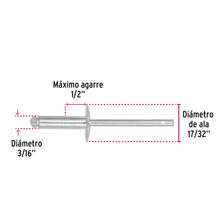Remaches de aluminio, 3/16" x 3/8" y 1/2" - Ala 17/32" - Bolsa con 50 pzs - Ala Ancha - Ver 4