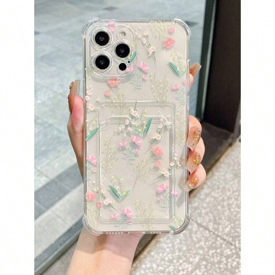 Spring Printed Transparent Card Holder Phone Case With Card Slots - Trong suốt - Xem 1