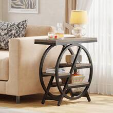 LITTLE TREE Industrial Side Table,  4-Tier Narrow End Table With Storage, Geometric Metal Frame Wooden Sofa Side Table, Modern Style Bedside Table For Living Room, Home Office, Bedroom, Grey - 灰色 - 查看 8