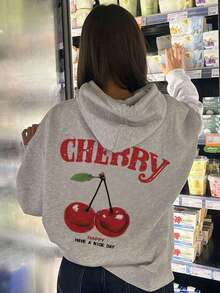 1pc Tween Girl Cherry Print Pullover Sweatshirt, Casual, Loose Fit, Warm Thermal Lined, Suitable For Students And Young Tween Girl In Autumn/Winter - Fun And Colorful Sweatshirt To Inspire Imagination In Every Child - Grey - View 8