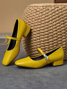 MonaNise 女士3厘米布面包跟黑色时尚百搭玛丽珍低跟粗跟优雅平底鞋，另有藏蓝色、咖啡色、酒红色可选 - 黃色 - 查看 2