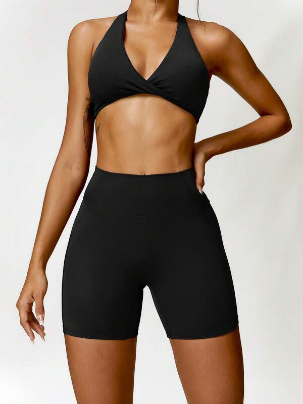 Damen Zweiteiler Lässig eng anliegender Neckholder Kink Weste und schmale Shorts Outdoor Laufen Fitness Yoga Set
