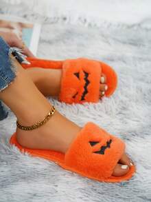 Fall/Winter Classic Holiday Women's House Slippers, Fashionable Embroidered Round Toe Comfortable Non-Slip Flat Indoor Bedroom Home Slippers, Halloween Devil Embroidered Holiday Gift