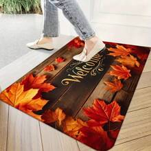 1pc Crystal Velvet Entrance Doormat, Decorative Modern Wood Grain Maple Leaf Non-Slip Outdoor Rug Set
