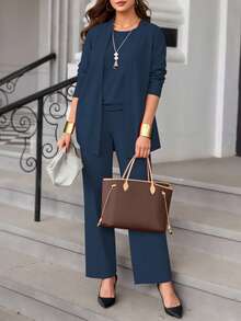 三件套加大码女式休闲纯色套装：外套/开衫 + 圆领无袖上衣 + 松紧腰直筒裤，柔软弹力面料，宽松版型，舒适通勤，春/秋/冬皆宜，优雅百搭。 - 淺藍色 - 查看 3