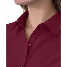 Siliteelon Short Sleeve Button Dress Shirts For Women Cotton Button Down Shirts For Women Slim Fit Blouse Top 3/4 Sleeve - 酒紅色 - 查看 4