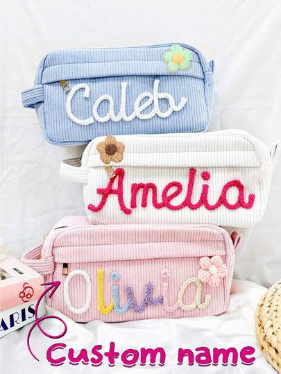 Custom Yarn Name Pencil Case, Personalized Corduroy Pouch, Back To School Gift, Girls School Supplies, Monogram Pencil Bag, Girls Birthday Gift Pencil Case Large Capacity Pencil Pouch Handheld Pen Bag Cosmetic Gift For Office School Teen Girl Boy Men Women Adult, Multi-Functional, Ornamental, Reusable, Vintage, Cartoon, Kawaii, Custom, Personalized, Unique, Customized, Workers, Clients, Students, For Business/Work/Office, For School, Vacay Vibes, Junior High School Students, College Students, University Students, Freshman, Sophomore, New Job, Office Supplies