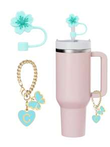 2pcs Accessories Designed For 30-40oz Cups: 1pc Blue Cup Letter Marker & 1pc Reusable Silicone Camellia Straw Topper, 10mm Big Diameter Straw Lid, Cute Letter Decor Fit For Modern Simple Glass Cups - Blue - View 30
