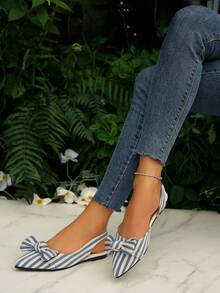 Blue & White Pointed Toe Flat Shoes With Bowknot Design, Hollow-Out Loafers, Elegant Casual Slip-On Flats For Women, Fall, Spring/Autumn