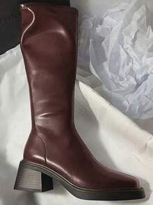 Fall/Winter 2025 Chunky Heel Square Toe Solid Color Elastic Slim Over-The-Knee Boots - Burgundy - View 4