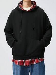 Felpa con cappuccio nera oversize, casual a quadri 2 in 1, adatta per primavera e autunno