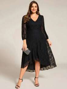 Elegant Lace V Neck Sheer Long Sleeves Midi Wedding Guest Dresses Formal Dresses For Bridesmaid