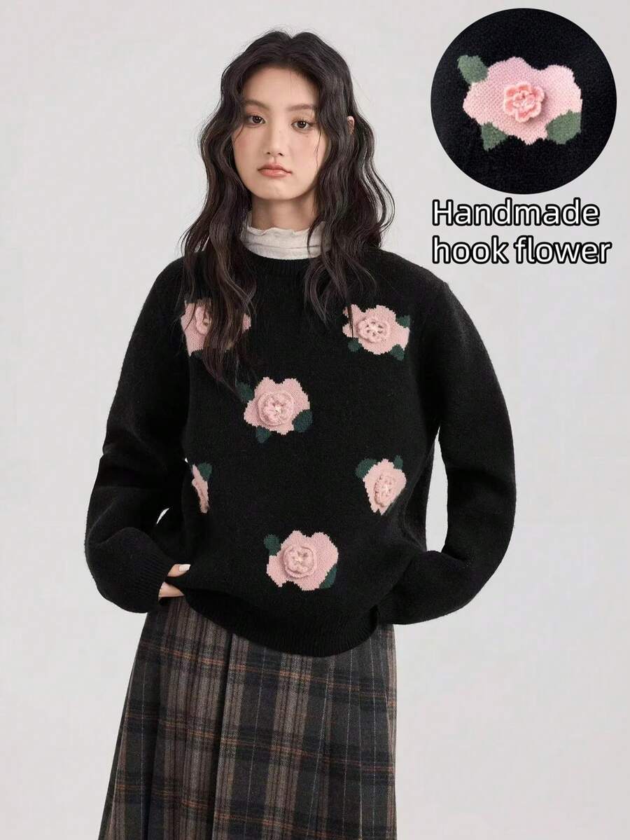 Women's Round Neck Crocheted Flower Jacquard Pattern, Plant Rib Machine Embroidery, Embroidery, Knitted Sweater