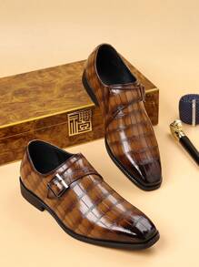 Men's Alligator Pattern Buckle Pointed Toe Monk Shoes, Vintage Style Business Semi-Formal Party Dress Shoes, Suitable For Summer And Autumn