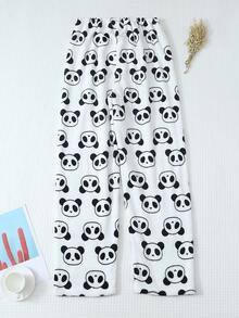 1件装女士可爱熊猫印花柔软舒适法兰绒内衬蓬松睡裤，秋冬季保暖舒适 - 白色 - 查看 2