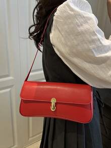 Fashionable, Minimalist, Casual PU Flap Underarm Bag. Suitable For Shopping, Wallet, Student, Young Women, Career Women. Ideal For Office, University, Work, Business, Commuting, Outdoor Activities, Travel And Picnic. Vintage Faux Oilskin Flap Decor Women's Shoulder Underarm Bag, Suitable For Dates, Outings, Gatherings - Red - View 5