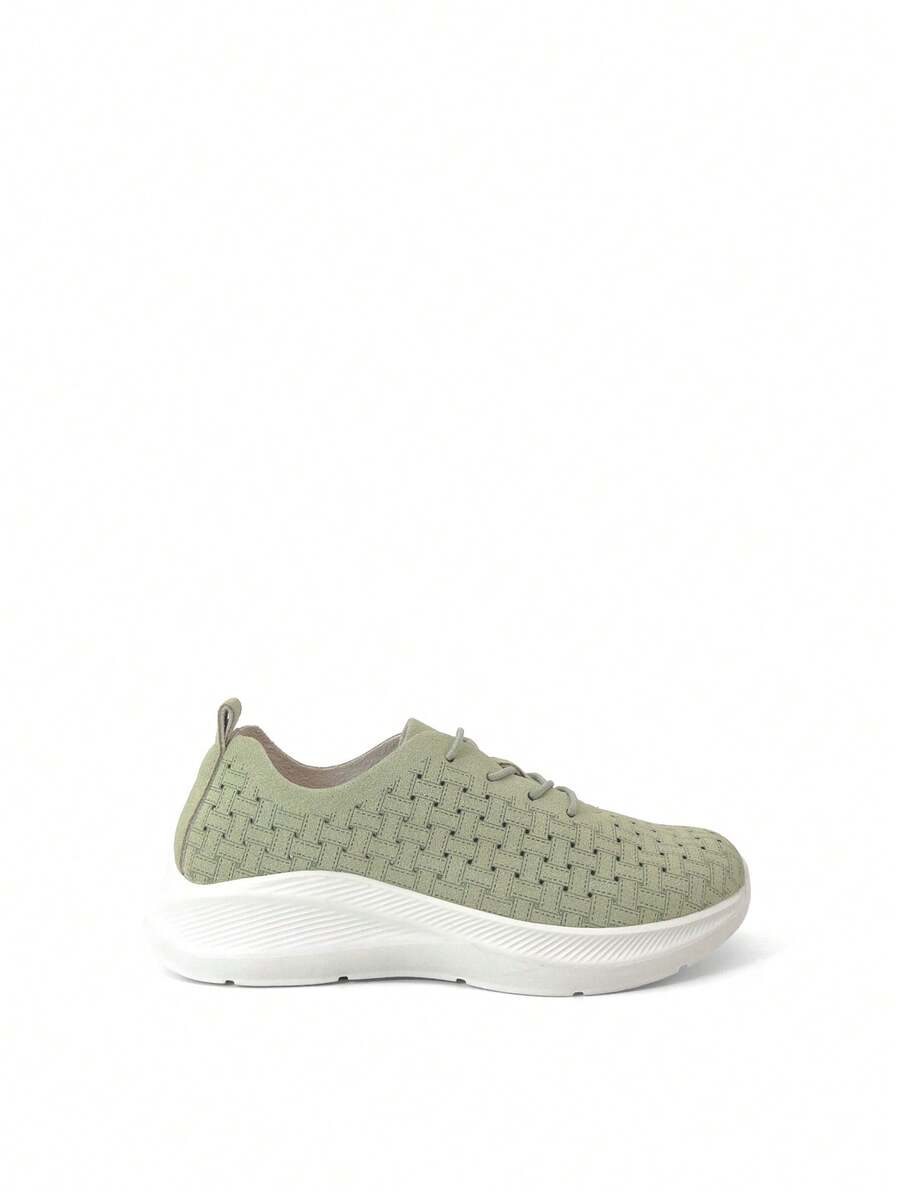 RevReaL Lightweight Knit Lace-Up Sneakers with Contrast Sole純色Preppy學院 - 綠色 - 查看 1