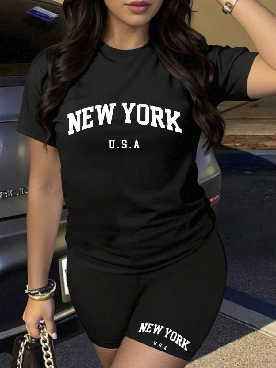 Conjunto de camiseta casual de verano de manga corta holgada para mujeres con shorts, impresión new york cuello redondo  Letras    Sencillo  Casual    Tela    Deportivo  Casa  Diario - Negro - Ver 1
