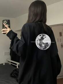 女款寬鬆版型字母印花長袖T恤，春秋百搭 - 黑色 - 查看 2