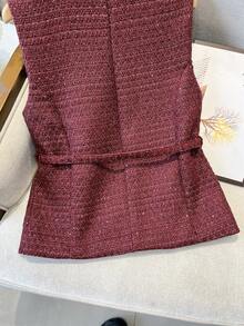 GMFP 优雅派对上衣，女士休闲时尚金属纽扣圆领修身腰带亮片粗花呢柔软羊毛酒红色背心外套，新年/情人节