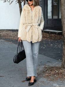 Giolshon 女士优雅仿毛皮连帽外套，带口袋和腰带，适合秋冬季穿着 - 米色 - 查看 7