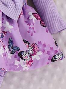 Baby Girl 2pcs Set Sweet Butterfly & Flower Print Ruffle Hem Long Sleeve Bodysuit Dress With Bow Hair Tie - Purple - View 9