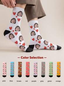 1 Pair Of Customized Face Women's Mid Tube Socks, Put Any Face On Socks, Personalized Socks For With Photos, Interesting Customized Picture Pairs With Medium To Long Socks, Suitable For Valentine's Day, Birthdays, Gift Giving, And Other Occasions,Personalized, Fall Socks