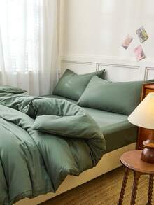 Bộ 2/3 món ga trải giường và vỏ gối màu trắng trơn hai mặt (1 ga trải giường và 1/2 vỏ gối), chất liệu thoáng khí, phù hợp cho mọi mùa, thiết kế hai màu, thích hợp cho phòng ngủ, phòng khách, đám cưới, ngày Valentine, ký túc xá, trường học và các dịp khác. - màu xanh lá - Xem 2
