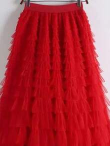 Saia feminina de cintura alta com várias camadas de tule e fada fofa - Vermelho - Visão 2