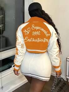 CharmGlow Chaqueta bomber con estampado NY de para mujer, estilo corto sexy y solapa con bloques de color. - Naranja - Ver 3