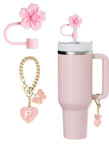 3 件/2 件适用于 30-40 盎司杯子的配件、粉色字母杯标记和硅胶芙蓉花吸管盖、硅胶防滑防刮保护套、可重复使用的 10 毫米大直径吸管吸管盖、适合现代简约玻璃杯的可爱字母装饰