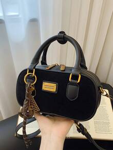 女士复古保龄球包，新款时尚斜挎包，高端质感，工作用手提单肩包 - 黑色 - 查看 6