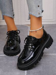 DareSee 黑色厚底英伦风女式乐福鞋，百搭JK校服鞋，圆头系带厚底玛丽珍鞋，适合学生、假期、夏季圣诞礼物